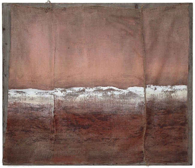 „Komposition auf Grobem Rupfen 32“, Acryl auf Rupfen, 118 x 102 cm, Sammlung der Künstlerin