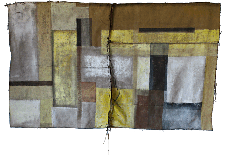 „Komposition auf Grobem Rupfen 52“, Acryl auf Rupfen, 200 x 140 cm, Sammlung der Künstlerin