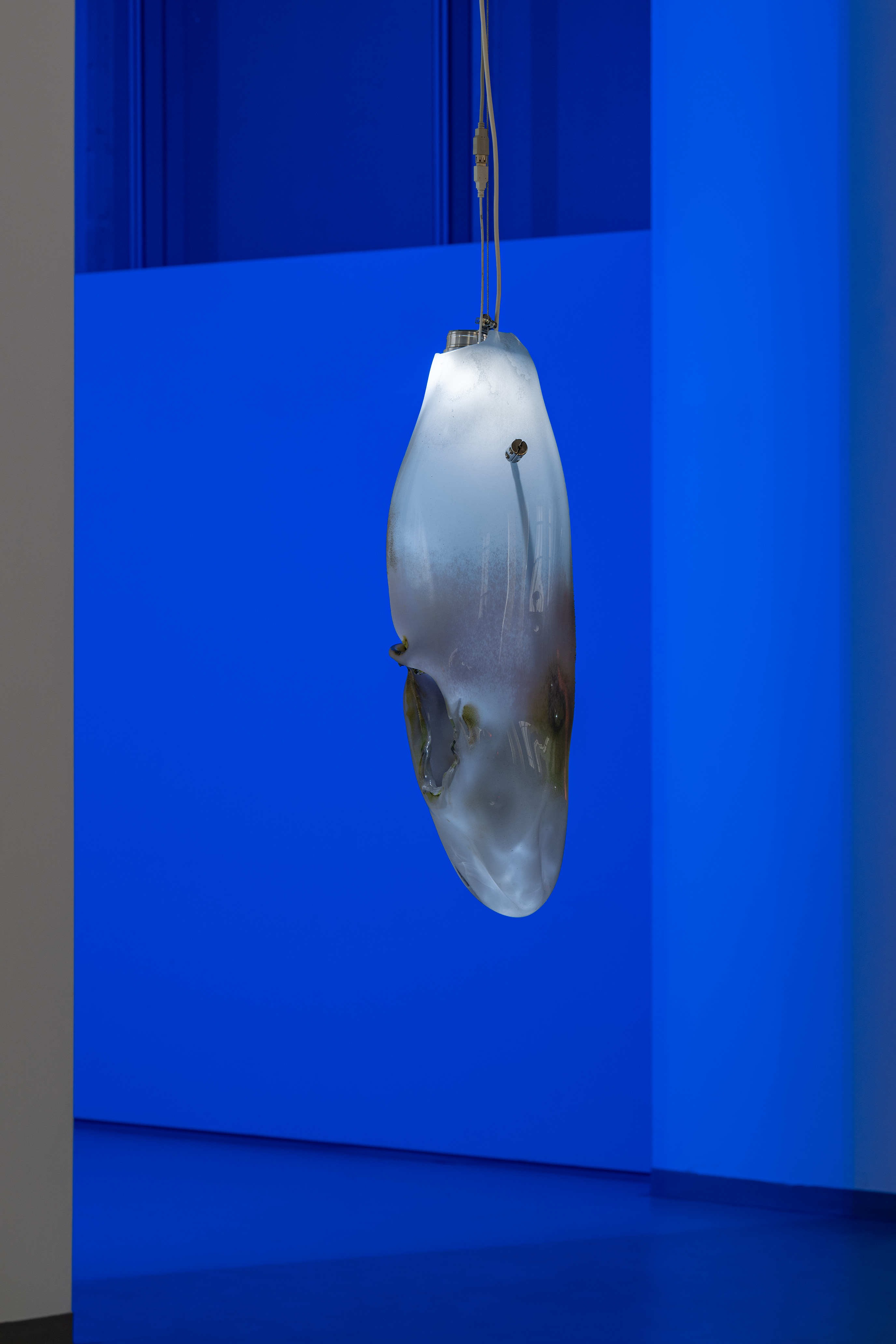 Natalia Dom&iacute;nguez Rangel, Akoestische ruimtes verbinden - blauwe cocon, 2020-22, glazen geluids- en ledlichtsculptuur, foto Simon Veres