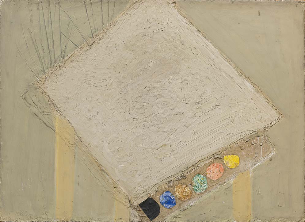 Maltisch, ca. 1959, Caparol, Papiercollage auf Hartfaserplatte, 87 x 120 cm, Privatbesitz, Leihgabe Museum Wiesbaden 